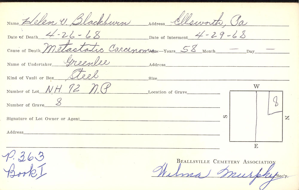 Helen V. Blackburn burial card